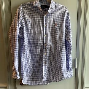 Men’s Polo Blue and White Windowpane Button Down Dress Shirt Size Medium